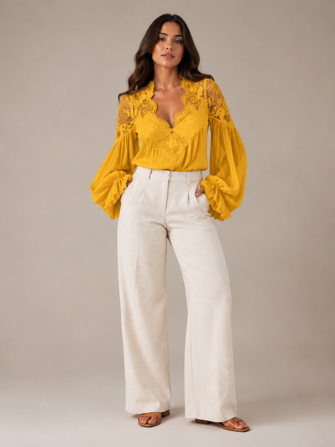 Loovay Palunora Blouse met Kant en Pofmouwen