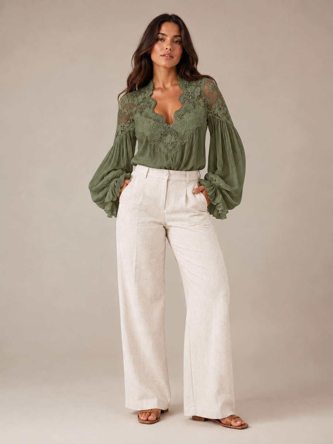 Loovay Palunora Blouse met Kant en Pofmouwen
