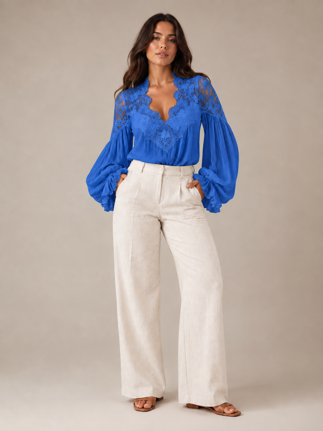 Loovay Palunora Blouse met Kant en Pofmouwen