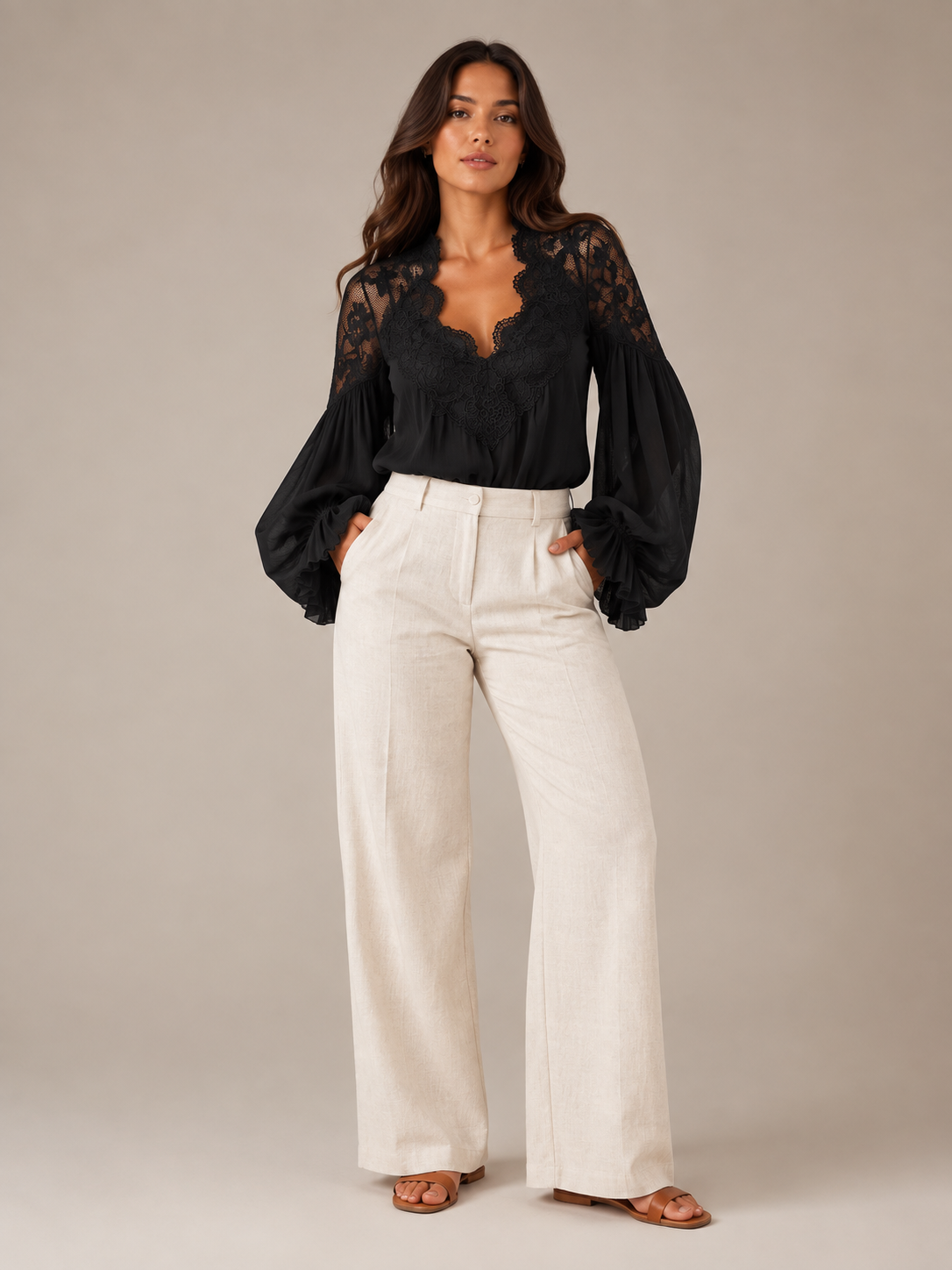 Loovay Palunora Blouse met Kant en Pofmouwen