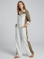 Loovay Zafira Denim Jumpsuit met Luipaardprint
