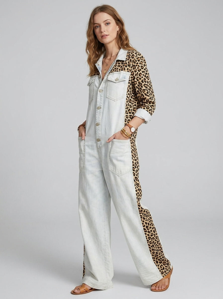 Loovay Zafira Denim Jumpsuit met Luipaardprint