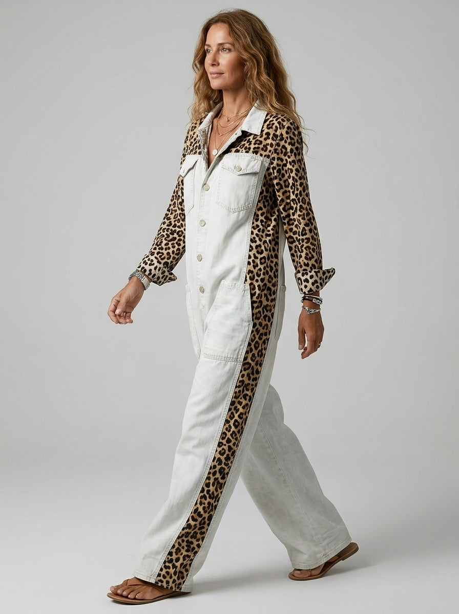 Loovay Zafira Denim Jumpsuit met Luipaardprint