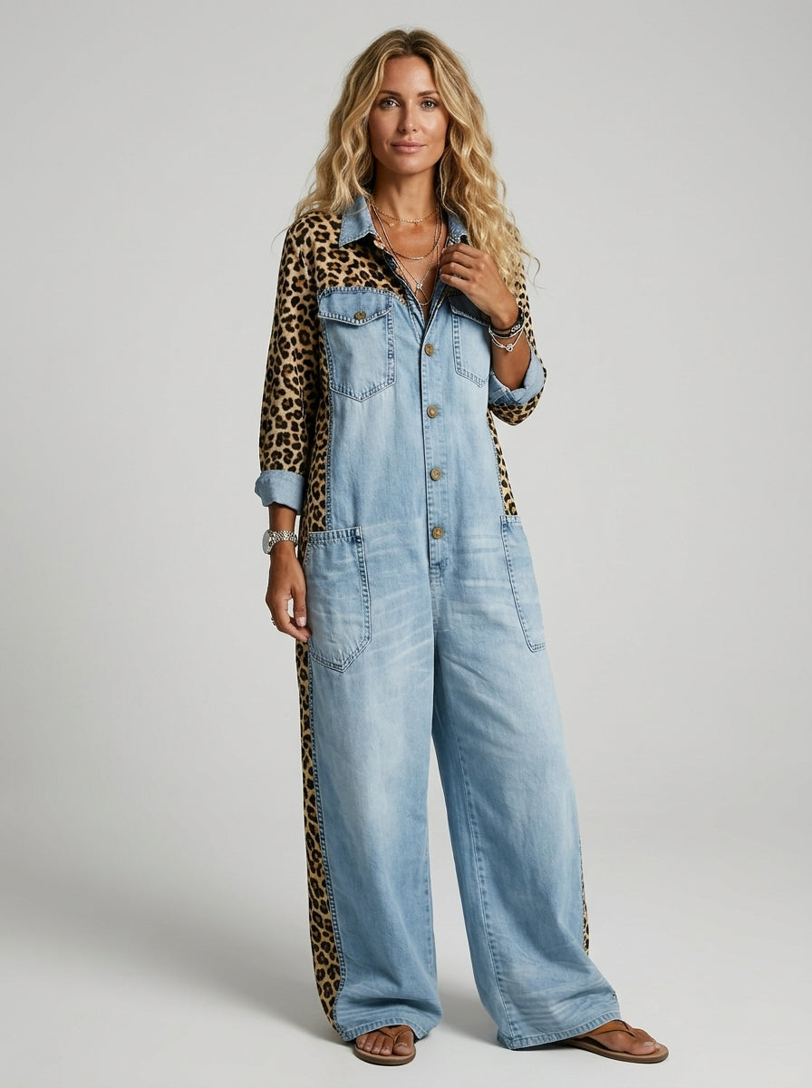 Loovay Zafira Denim Jumpsuit met Luipaardprint