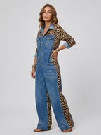 Loovay Zafira Denim Jumpsuit met Luipaardprint