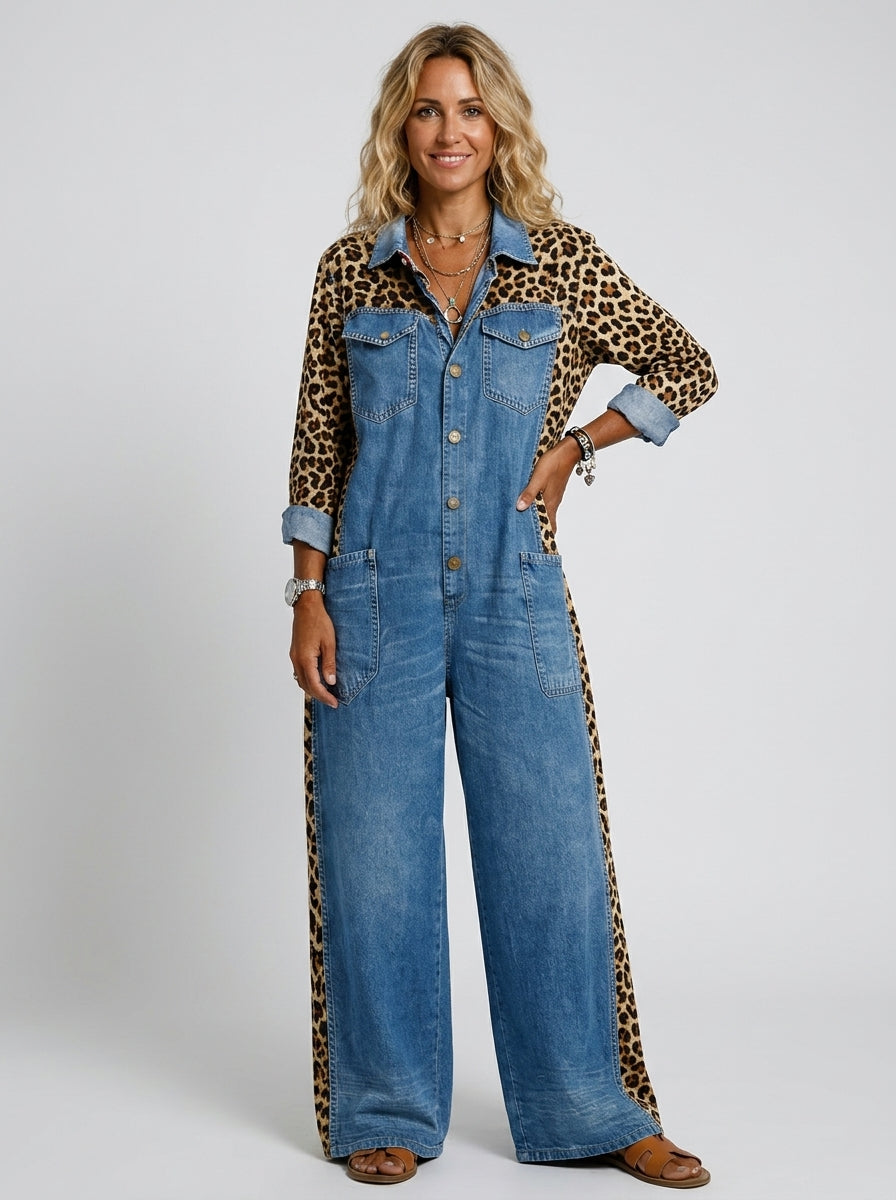 Loovay Zafira Denim Jumpsuit met Luipaardprint