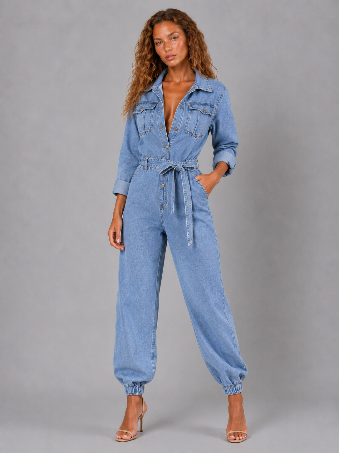 Loovay Feronne Denim Jumpsuit met Ceintuur