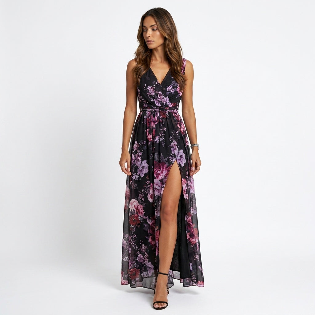 Loovay Maxi Jurk, dames, V hals, bloemenprint, elastische taille