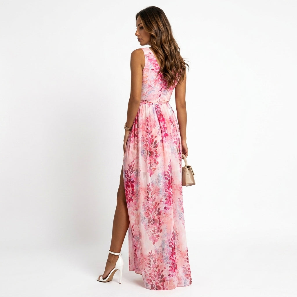 Loovay Maxi Jurk, dames, V hals, bloemenprint, elastische taille