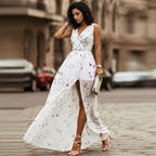 Loovay Maxi Jurk, dames, V hals, bloemenprint, elastische taille