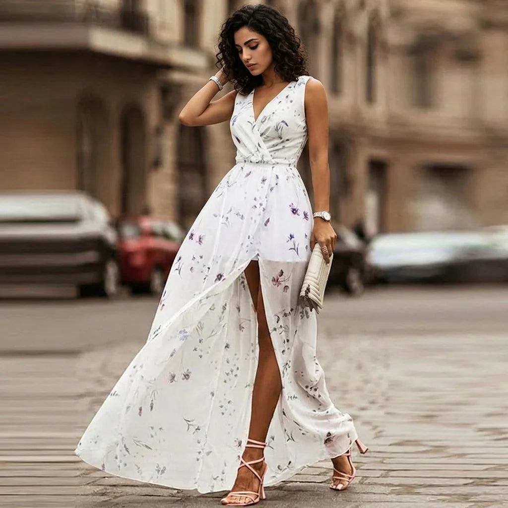 Loovay Maxi Jurk, dames, V hals, bloemenprint, elastische taille