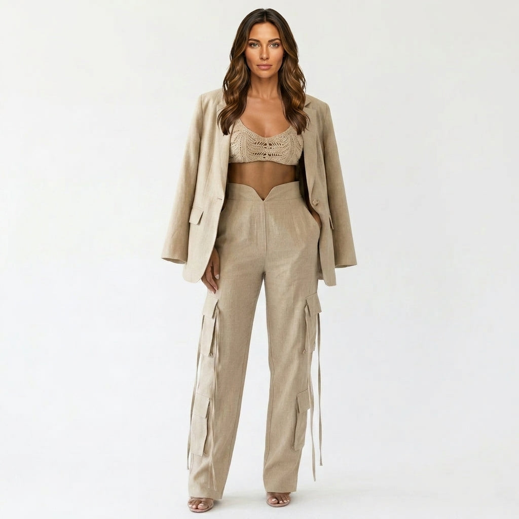 Loovay Cargo Co-ord, dames, wide leg broek, flapzakken
