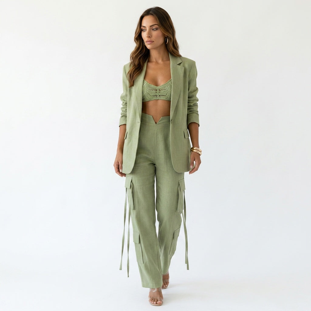 Loovay Cargo Co-ord, dames, wide leg broek, flapzakken
