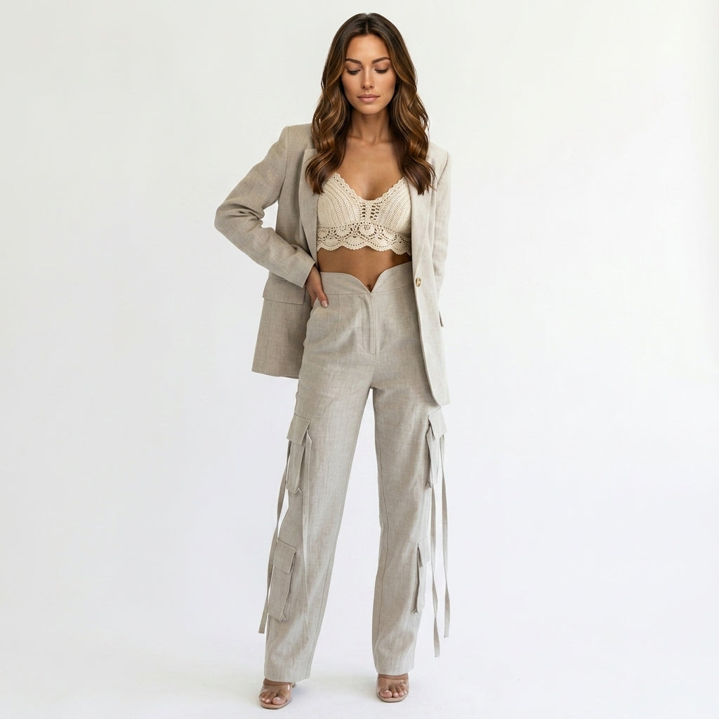 Loovay Cargo Co-ord, dames, wide leg broek, flapzakken