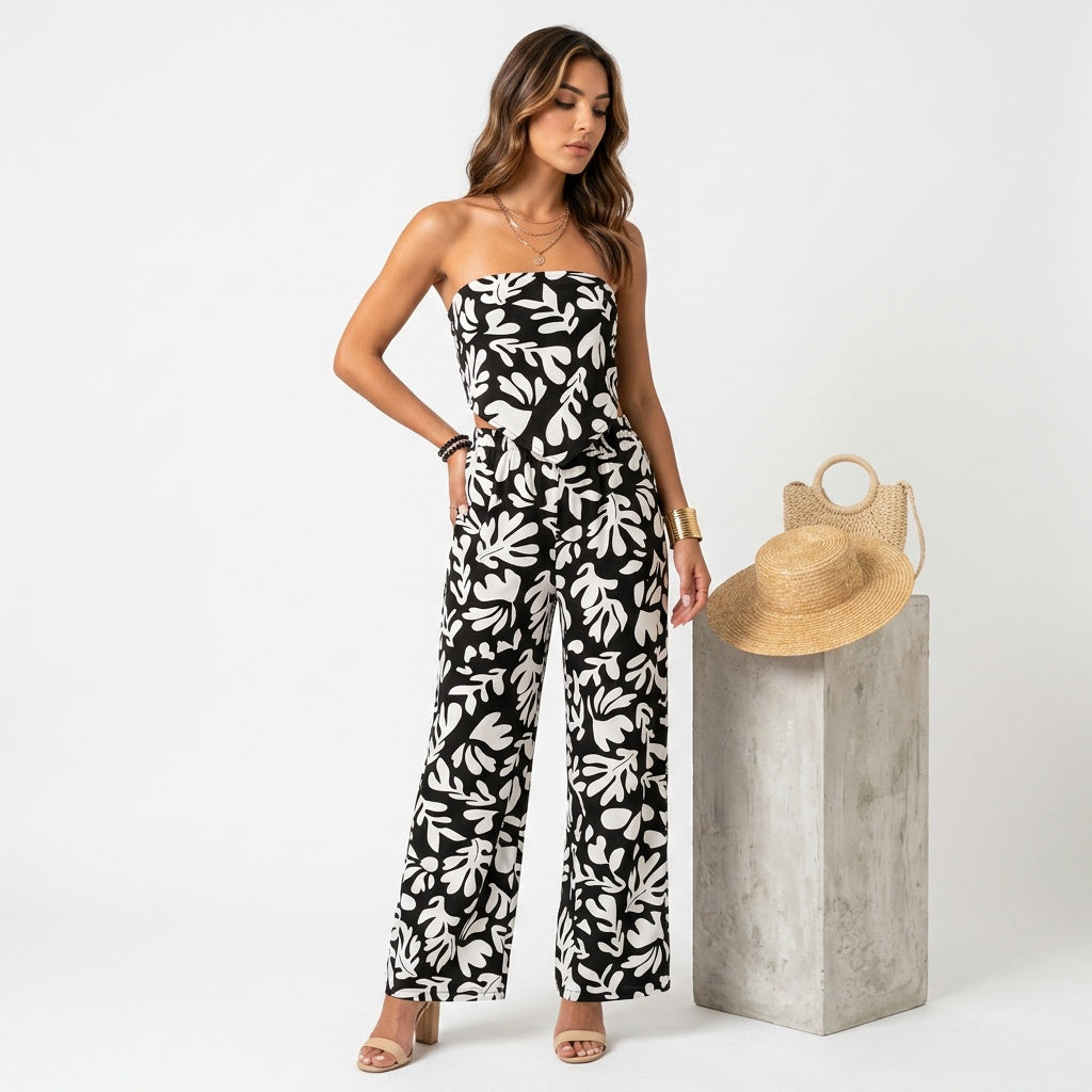 Loovay Abstract Leaf - Dames strapless set met wijde pijpen