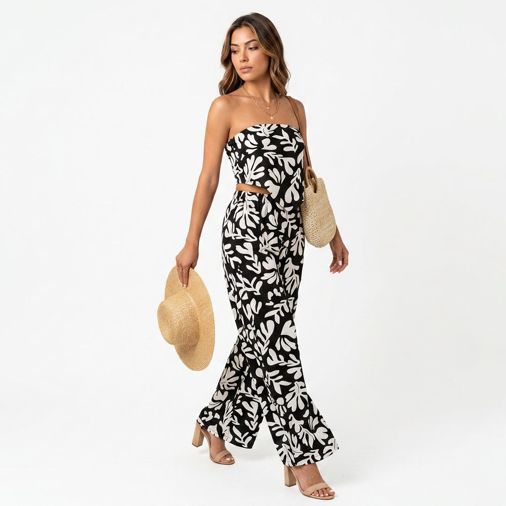 Loovay Abstract Leaf - Dames strapless set met wijde pijpen