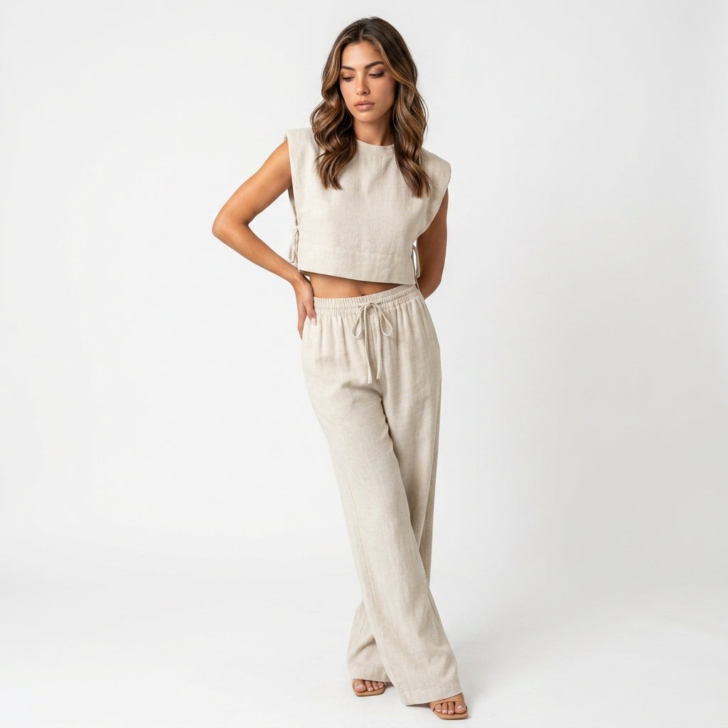 Loovay Minimalistische Linnen Set - Dames Ademende Tweedelige Set