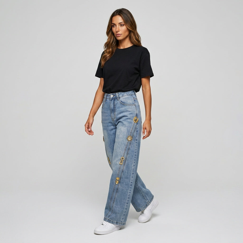Loovay Wide Leg Jeans, Metalen Details