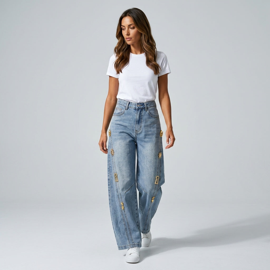 Loovay Wide Leg Jeans, Metalen Details