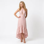 Loovay Halterhals Maxi Jurk, dames, katoen linnen, cut out, ruches
