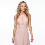Loovay Halterhals Maxi Jurk, dames, katoen linnen, cut out, ruches