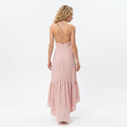 Loovay Halterhals Maxi Jurk, dames, katoen linnen, cut out, ruches