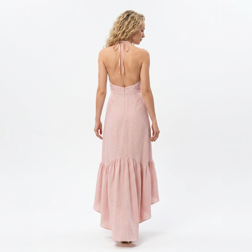 Loovay Halterhals Maxi Jurk, dames, katoen linnen, cut out, ruches