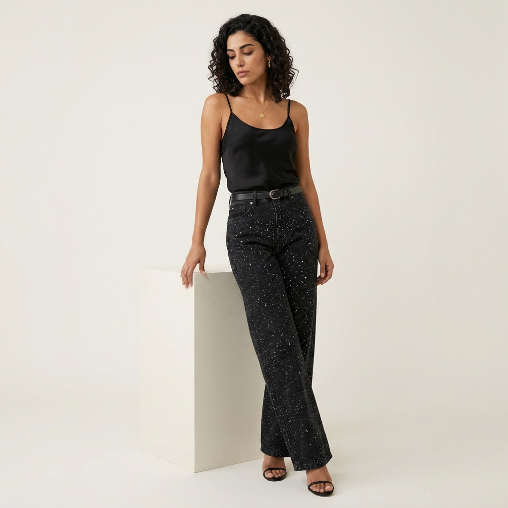 Loovay High Waist Jeans, Glitter Details