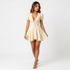 Loovay Bloemen Jurk, Open Rug Met Puffmouwen