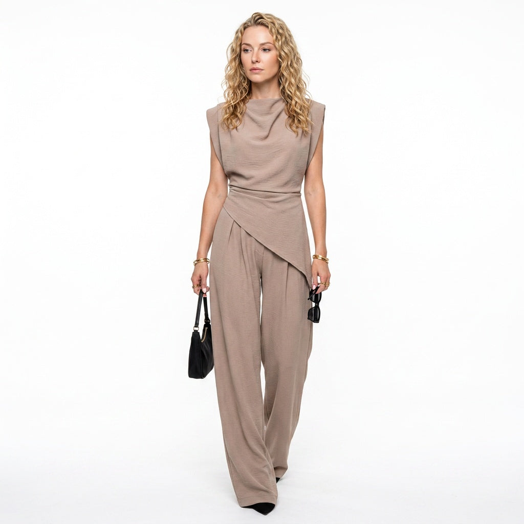 Loovay Co-ord, dames, palazzo broek, mouwloze top, elegant