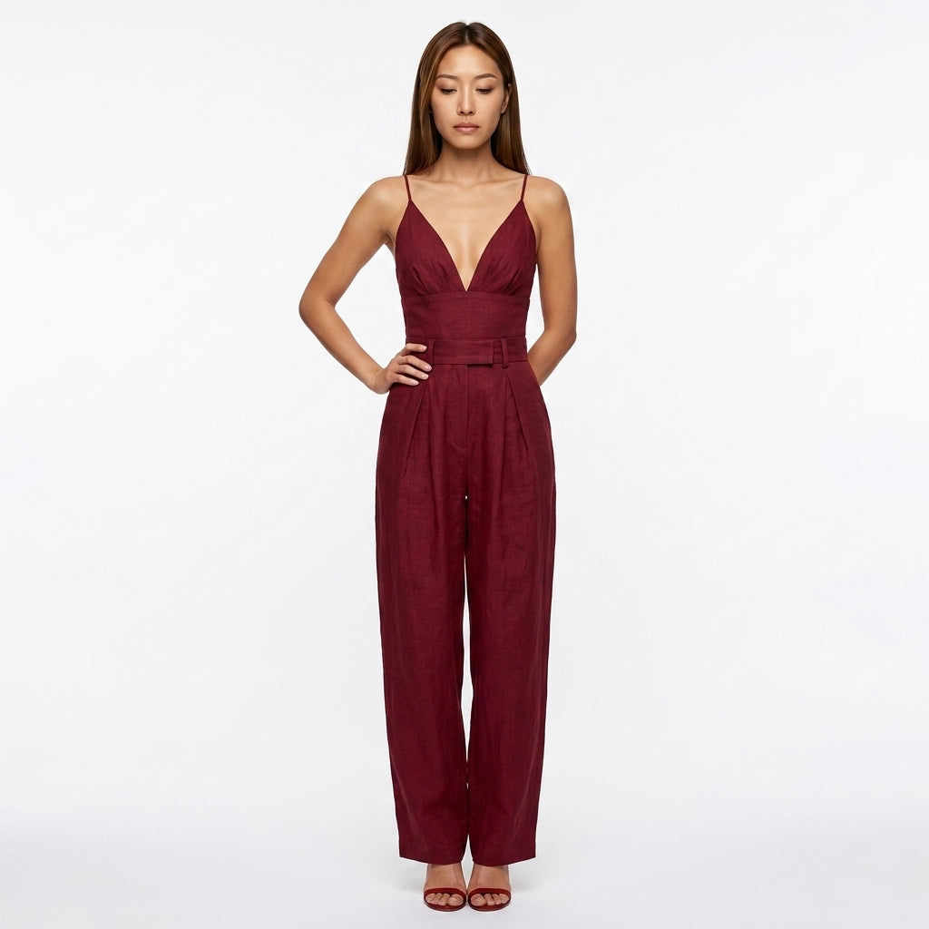 Loovay Linnen Jumpsuit, dames, V hals, plooibroek, elegant