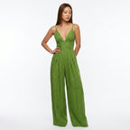 Loovay Linnen Jumpsuit, dames, V hals, plooibroek, elegant