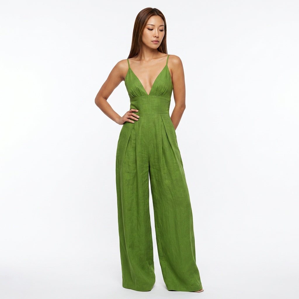 Loovay Linnen Jumpsuit, dames, V hals, plooibroek, elegant
