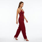 Loovay Linnen Jumpsuit, dames, V hals, plooibroek, elegant