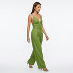 Loovay Linnen Jumpsuit, dames, V hals, plooibroek, elegant