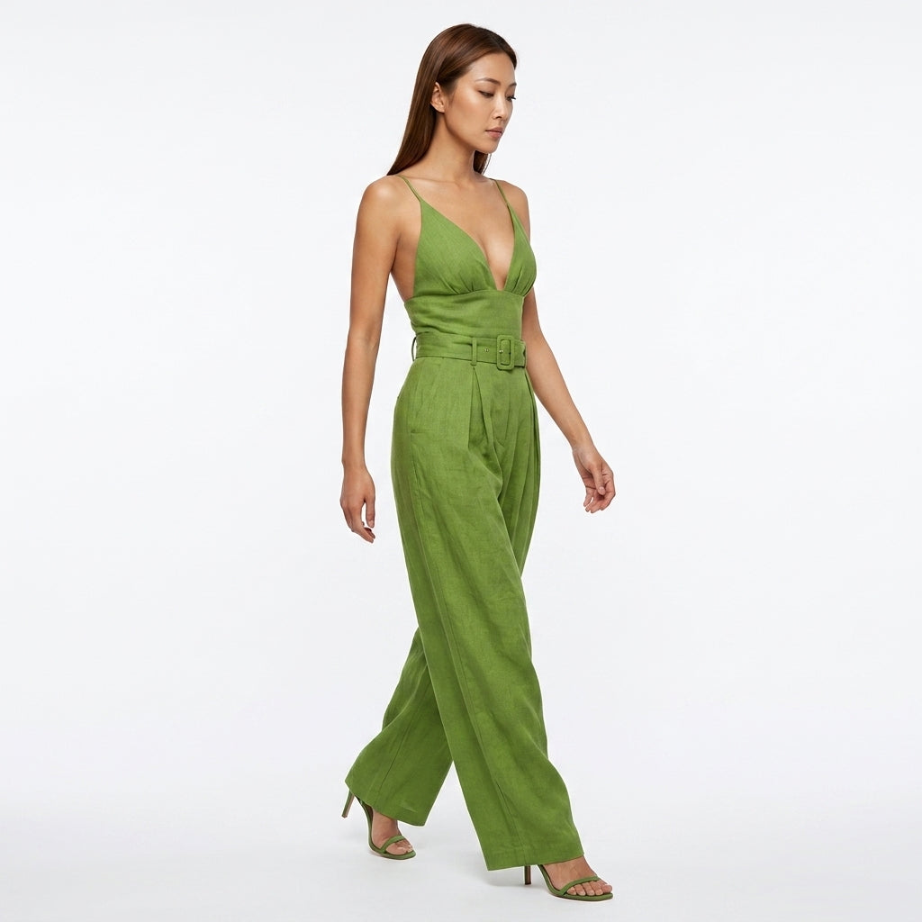Loovay Linnen Jumpsuit, dames, V hals, plooibroek, elegant