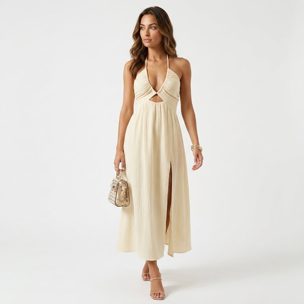 Loovay Halter Midi Jurk, dames, cut out, ruching, relaxed fit