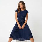 Loovay Pleated Midi Dress, plissé jurk, ceintuur, elegant