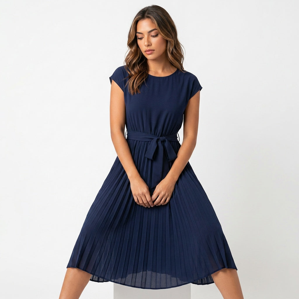 Loovay Pleated Midi Dress, plissé jurk, ceintuur, elegant