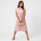 Loovay Pleated Midi Dress, plissé jurk, ceintuur, elegant