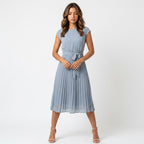 Loovay Pleated Midi Dress, plissé jurk, ceintuur, elegant