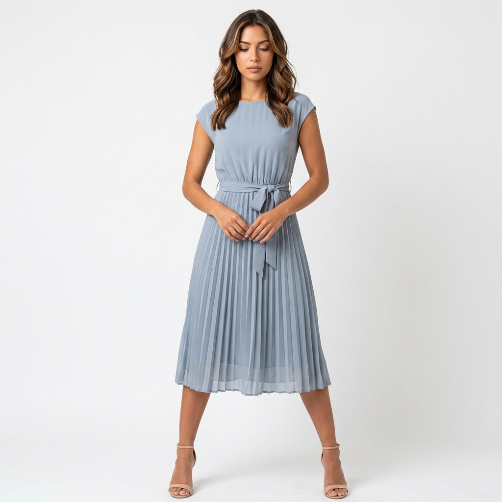 Loovay Pleated Midi Dress, plissé jurk, ceintuur, elegant