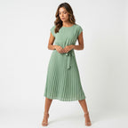 Loovay Pleated Midi Dress, plissé jurk, ceintuur, elegant