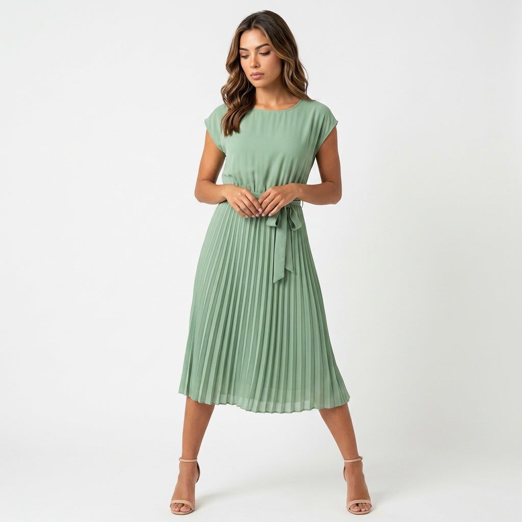 Loovay Pleated Midi Dress, plissé jurk, ceintuur, elegant