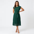 Loovay Pleated Midi Dress, plissé jurk, ceintuur, elegant