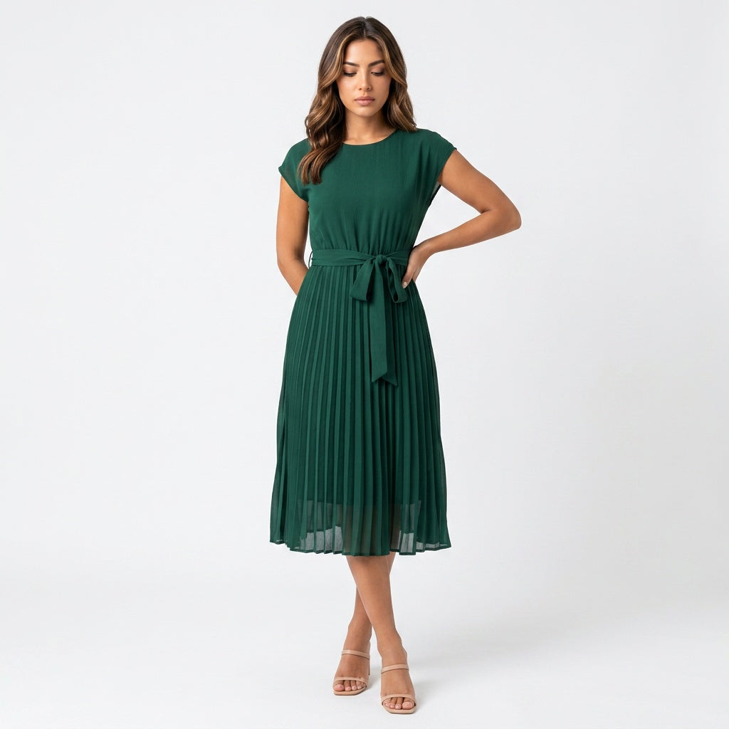Loovay Pleated Midi Dress, plissé jurk, ceintuur, elegant