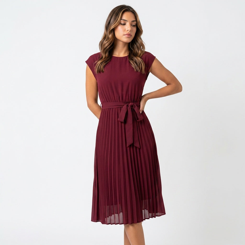 Loovay Pleated Midi Dress, plissé jurk, ceintuur, elegant