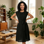 Loovay Pleated Midi Dress, plissé jurk, ceintuur, elegant
