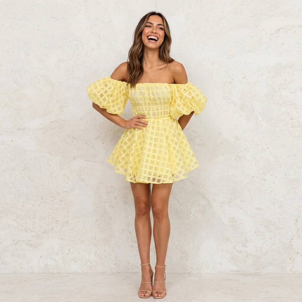 Loovay Mini Jurk, Schouderloos Ruitpatroon