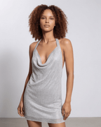 Loovay Metallisse Chainmail Mini-jurk met Watervalhals